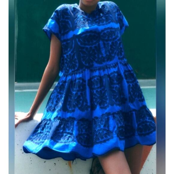 Zara Embroidered Fit & Flare Mini Dress Blue Size Small - Picture 2 of 10
